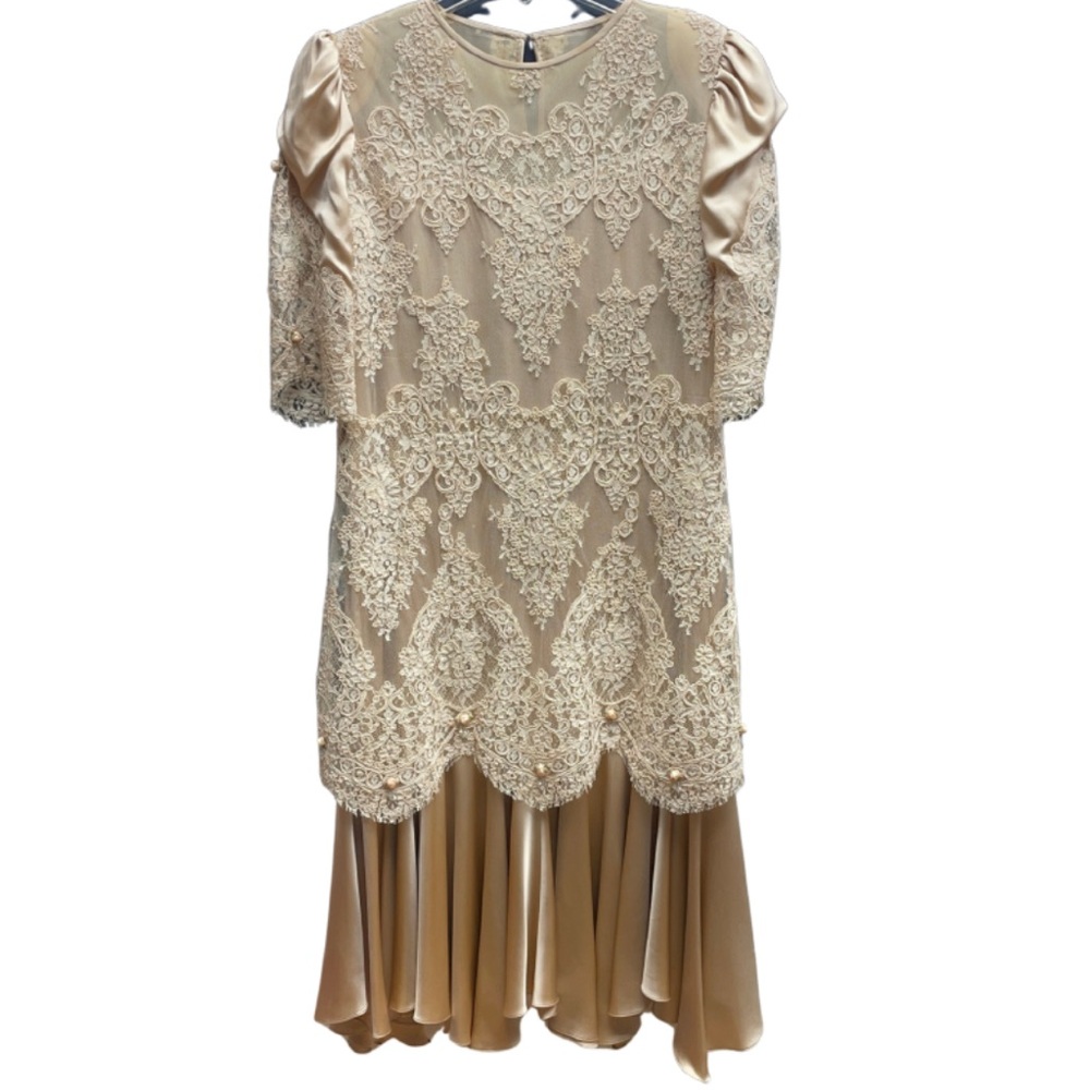 Vintage Carol Peretz Silk Champagne Peach Lace Puff Sleeve Drop Waist Dress Sz12